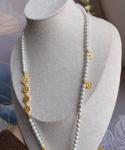 Chinese Style White Sterling Silver Overgild Pearl Ruyi Lock Sweater Pendant Necklace