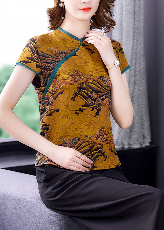 Chinese Style Yellow Stand Collar Print Silk Blouses Summer Ly0476