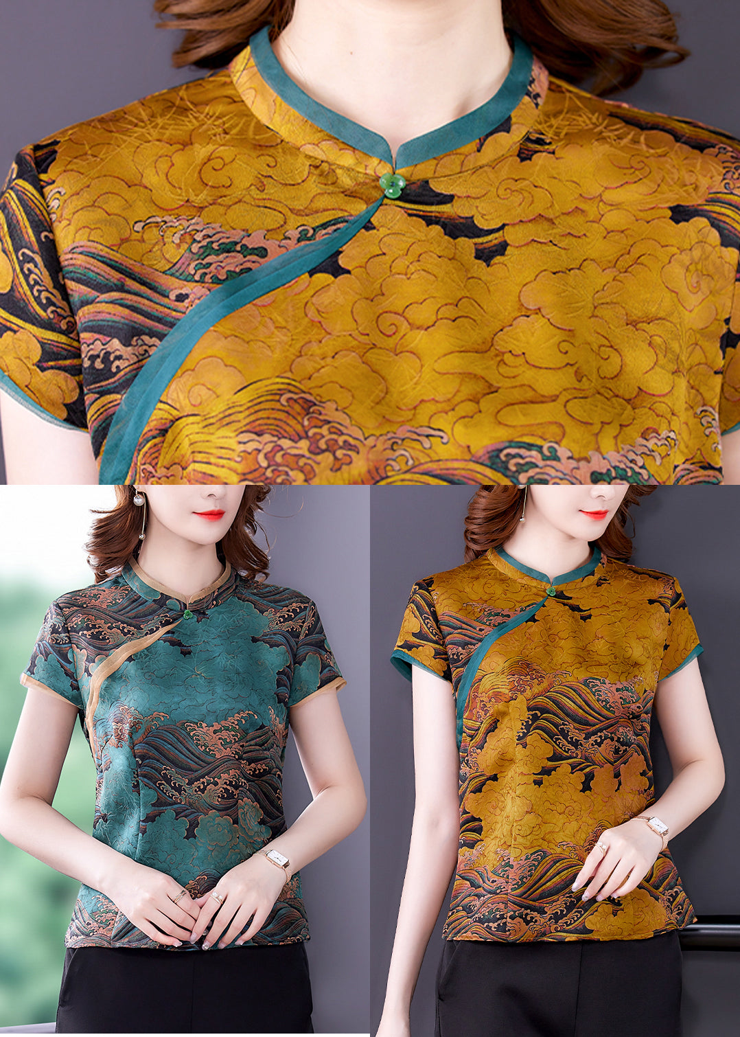 Blue Print Silk Blouse Top Mandarin Collar Slim Fit Summer Ly0450