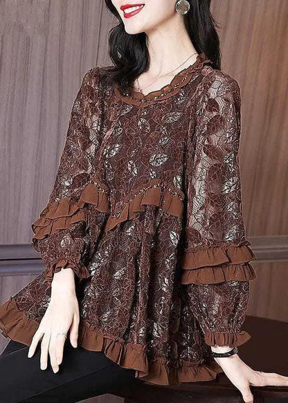 Chocolate Hollow Out Lace Blouse Tops Ruffled Spring Ha1062
