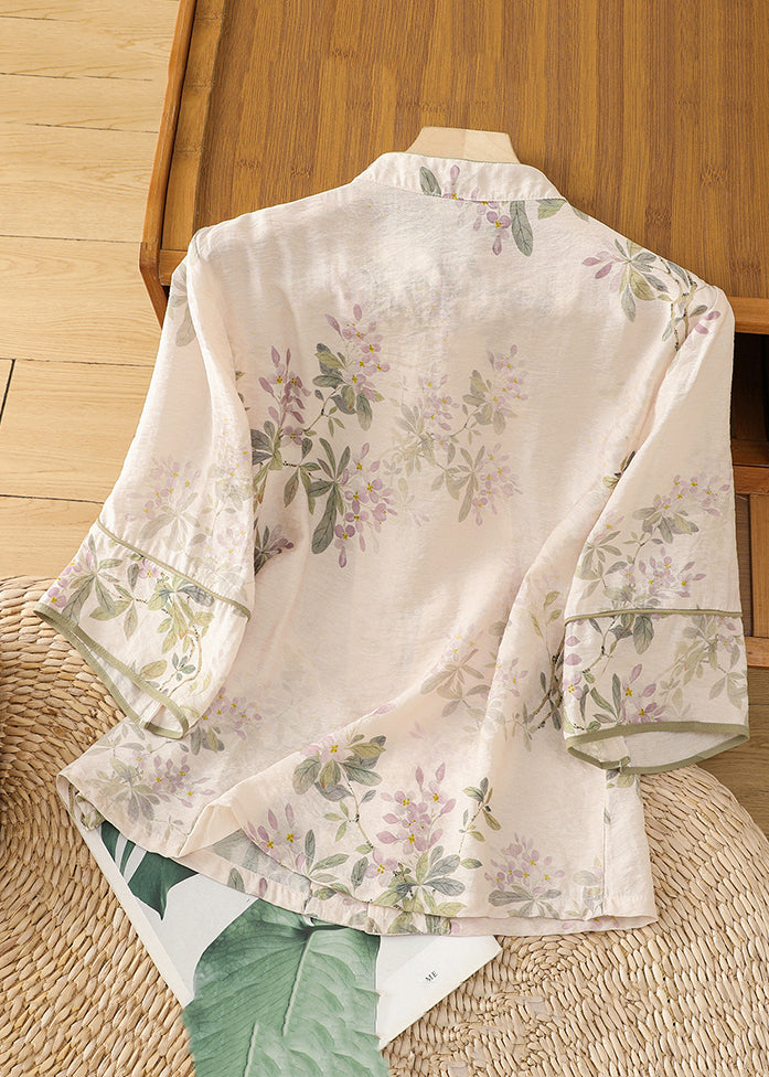 Classy Apricot Button Print Linen Blouse Half Sleeve Jh065