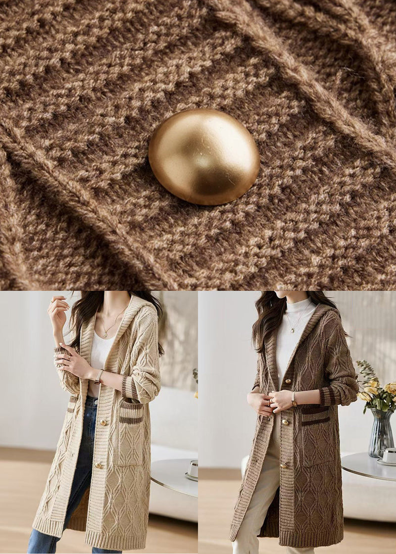 Coffee Button Patchwork Knit Fall Cardigans Hooded Qs021