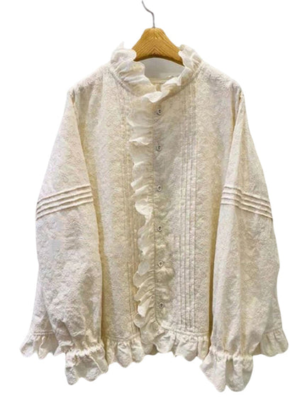 Classy Beige Ruffled Patchwork Embroidered Cotton Blouses Spring Yk034