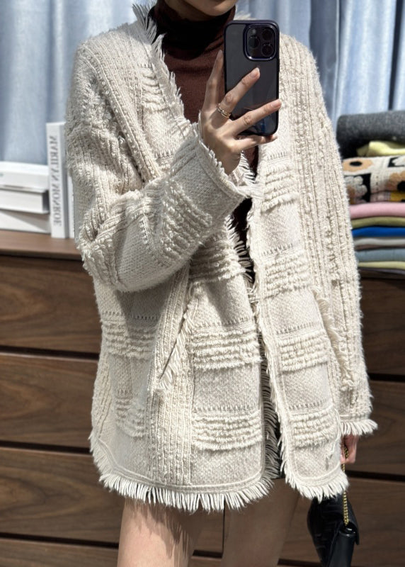Classy Beige V Neck Tassel Woolen Loose Cardigans Fall Rl006