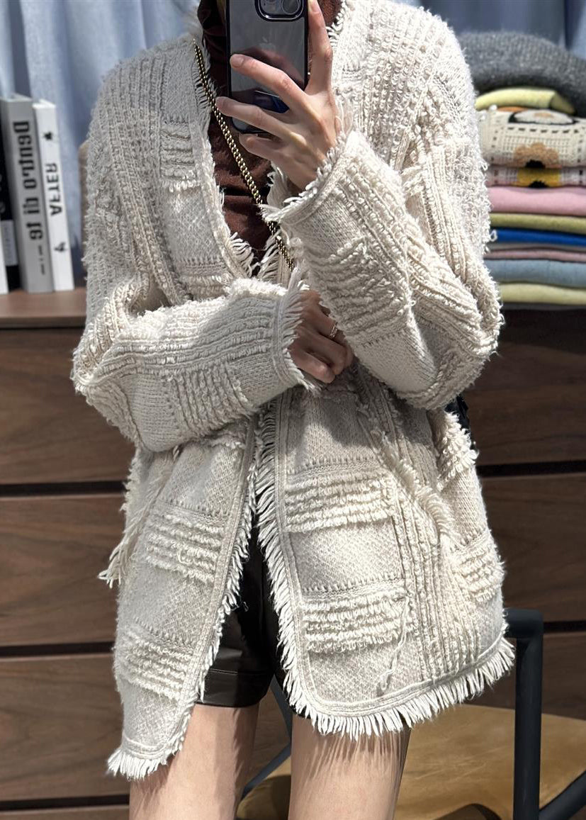 Classy Beige V Neck Tassel Woolen Loose Cardigans Fall Rl006