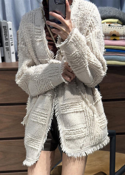 Classy Beige V Neck Tassel Woolen Loose Cardigans Fall Rl006