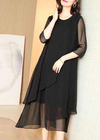 Classy Black O-neck Tulle Patchwork Chiffon Maxi Dress Summer Ti1050