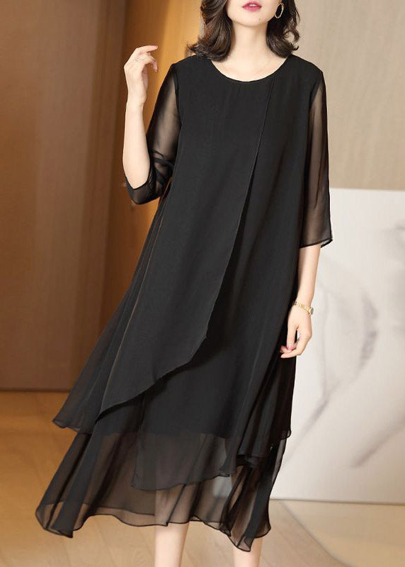 Classy Black O-neck Tulle Patchwork Chiffon Maxi Dress Summer Ti1050