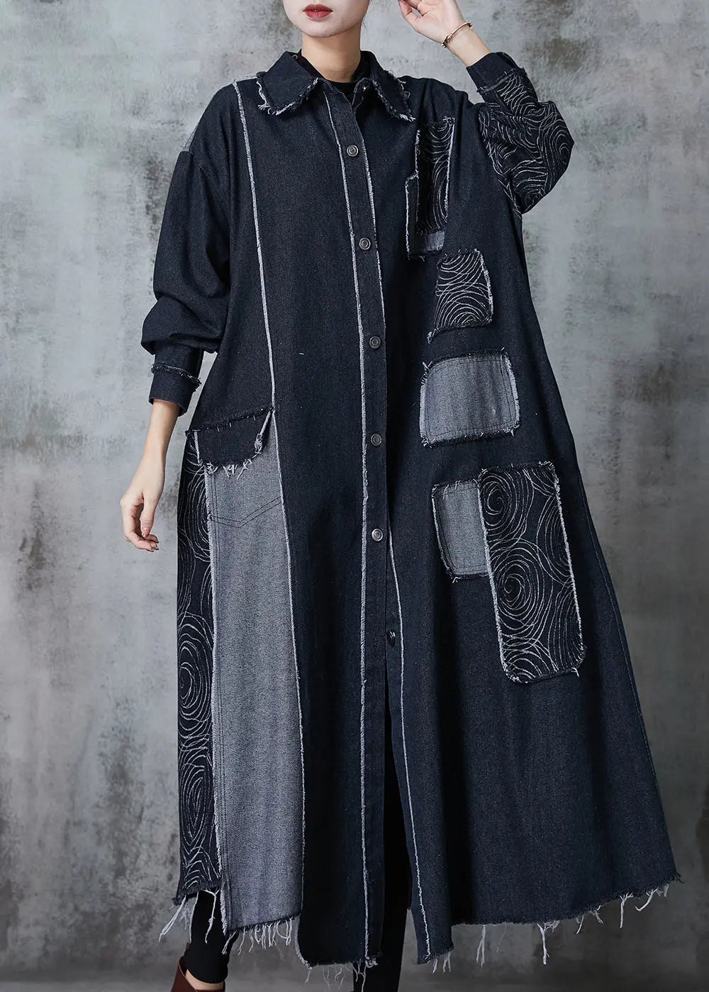 Classy Black Oversized Patchwork Applique Denim Coat Spring Jk1028