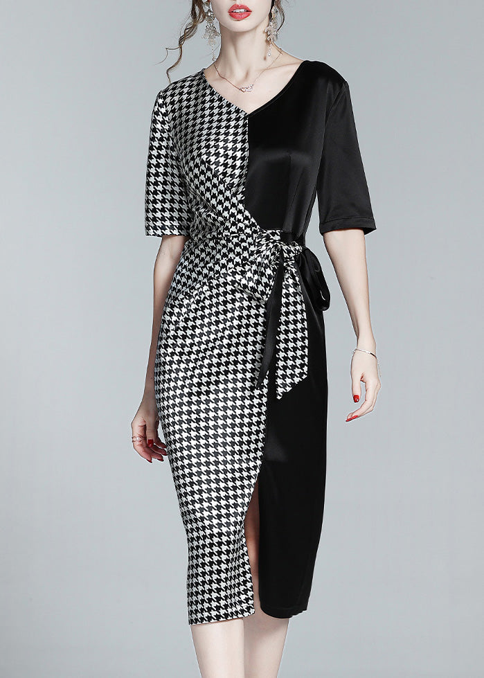 Classy Black V Neck Patchwork Plaid Tie Waist Silk Long Dresses Summer Ly1049