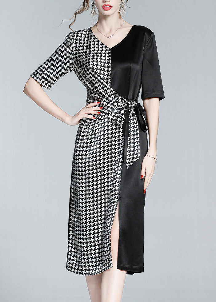 Classy Black V Neck Patchwork Plaid Tie Waist Silk Long Dresses Summer Ly1049