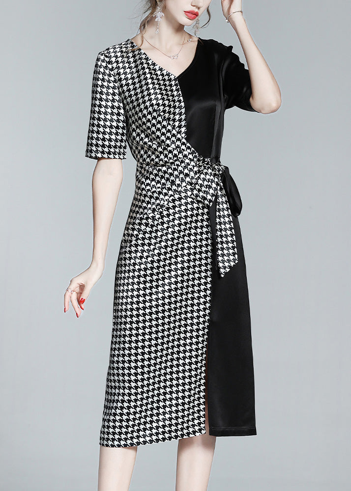 Classy Black V Neck Patchwork Plaid Tie Waist Silk Long Dresses Summer Ly1049