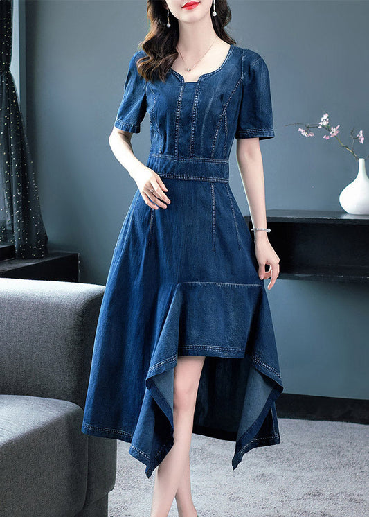 Classy Blue O-neck Asymmetrical Patchwork Cotton Holiday Denim Maxi Dress Short Sleeve Ac2016
