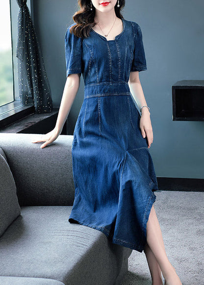 Classy Blue O-neck Asymmetrical Patchwork Cotton Holiday Denim Maxi Dress Short Sleeve Ac2016