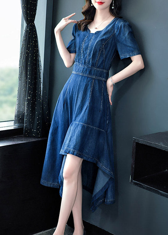 Classy Blue O-neck Asymmetrical Patchwork Cotton Holiday Denim Maxi Dress Short Sleeve Ac2016