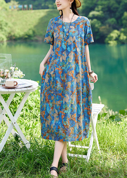 Print Summer Classy Cotton Long Dress O-neck Blue