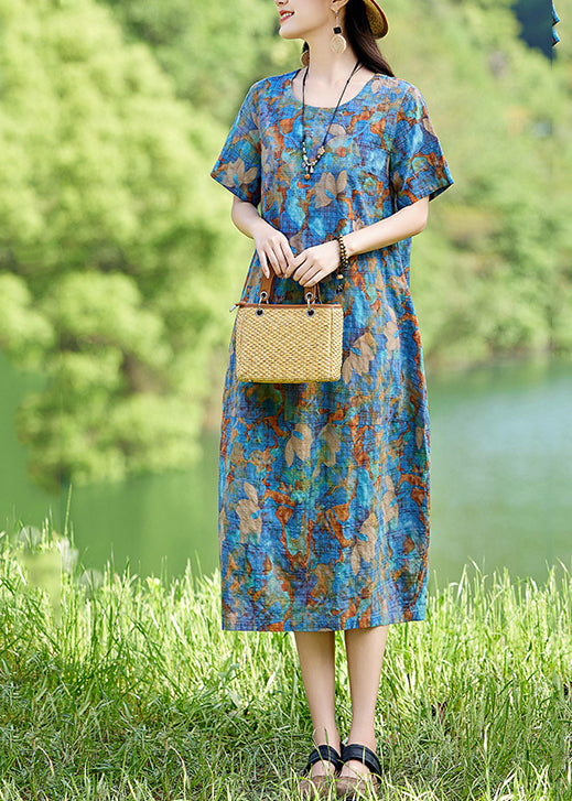 Print Summer Classy Cotton Long Dress O-neck Blue