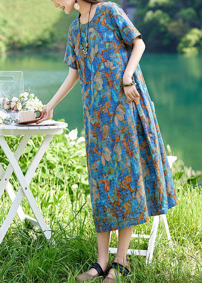 Print Summer Classy Cotton Long Dress O-neck Blue