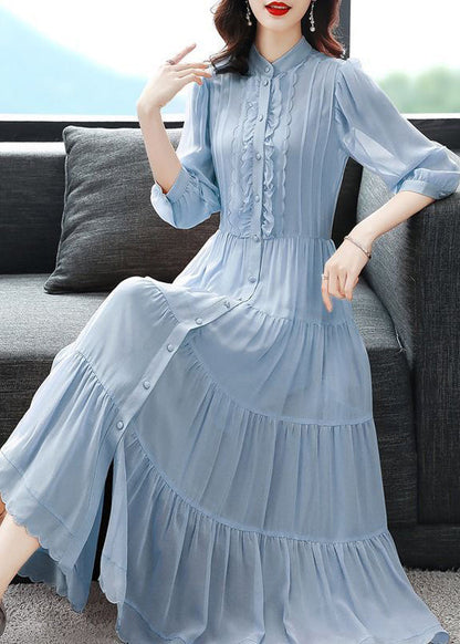 Classy Blue Ruffled Button Patchwork Silk Long Dresses Summer Bv002