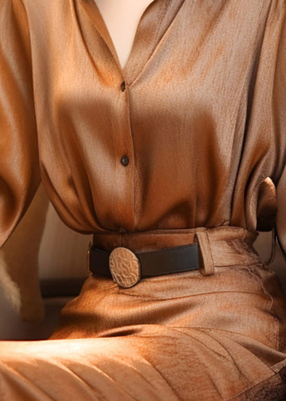 Blouse Stand Button Lantern Classy Collar Silk Top Sleeve Brown