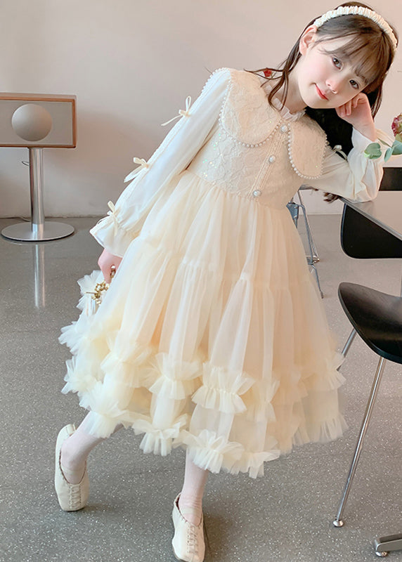 Classy Champagne Ruffled Nail Bead Tulle Patchwork Kids Maxi Dresses Fall Qv040