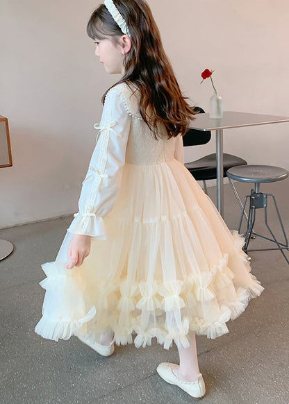 Classy Champagne Ruffled Nail Bead Tulle Patchwork Kids Maxi Dresses Fall Qv040
