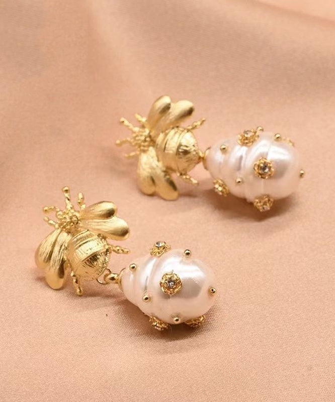 Classy Gold Copper Overgild Zircon Bee Pearl Drop Earrings