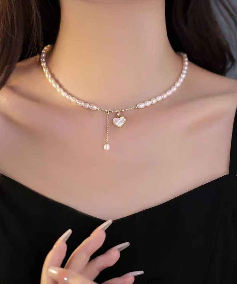Classy Gold Sterling Silver Alloy Love Pearl Tassel Pendant Necklace Ra023