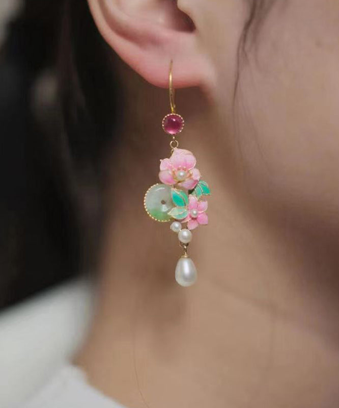 Classy Gold Sterling Silver Overgild Jade Pearl Drop Earrings