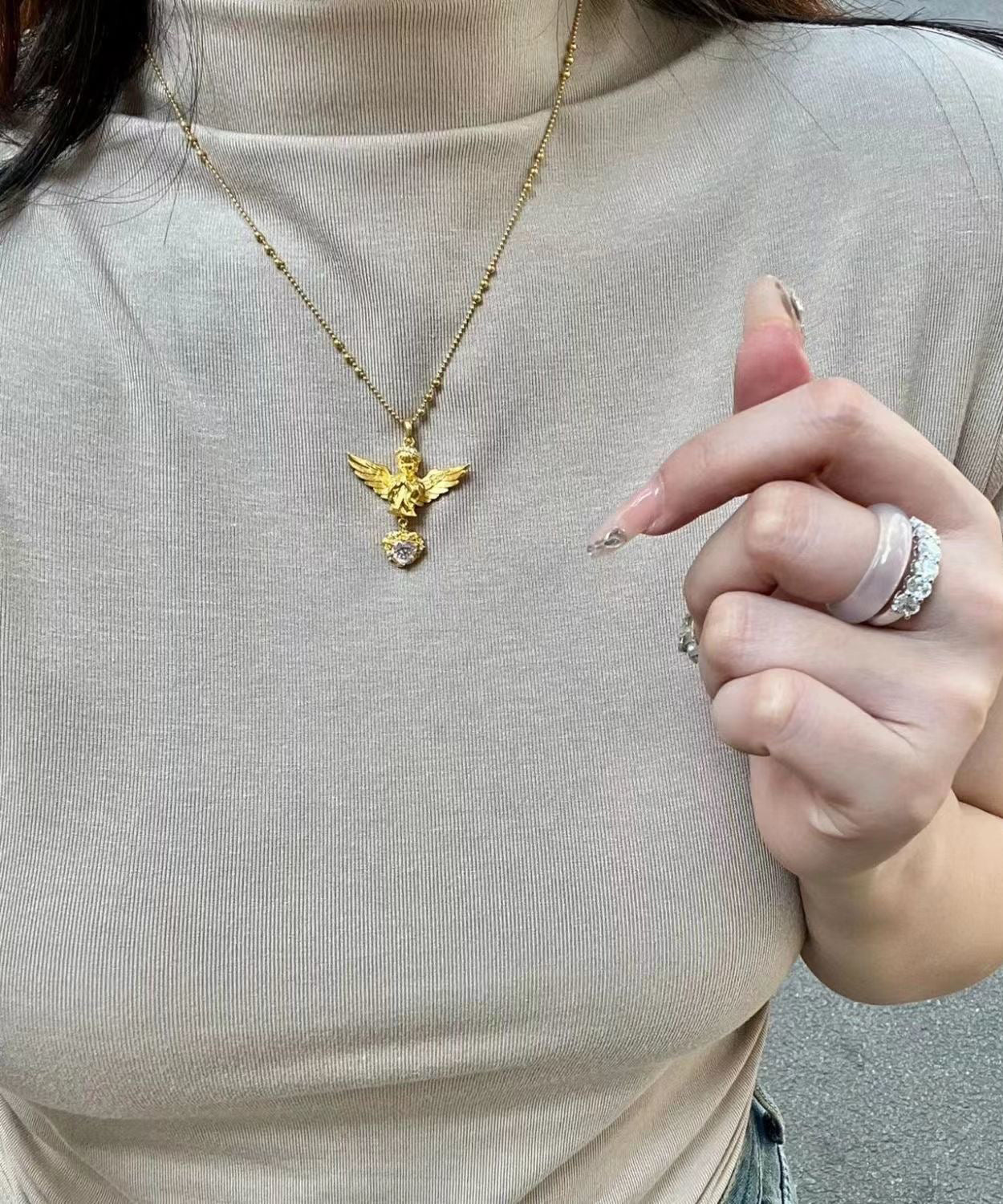 Classy Gold Sterling Silver Overgild Zircon Love Angel Pendant Necklace Yi032