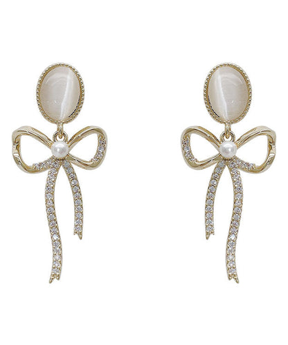Classy Gold Sterling Silver Pearl Zircon Bow Cat's Eye Drop Earrings