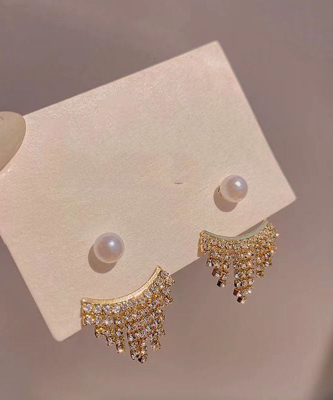 Classy Gold Sterling Silver Zircon Pearl Tasseldrop Earrings