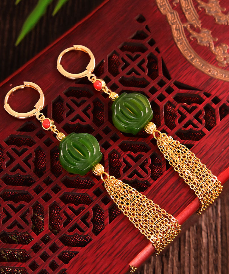 Classy Green 14k Gold Jade Tassel Drop Earrings