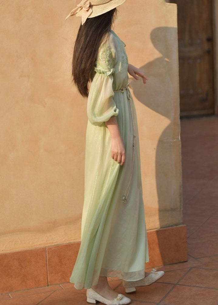 Classy Green Embroidered Lace Up Chiffon Long Dresses Long Sleeve Au1049