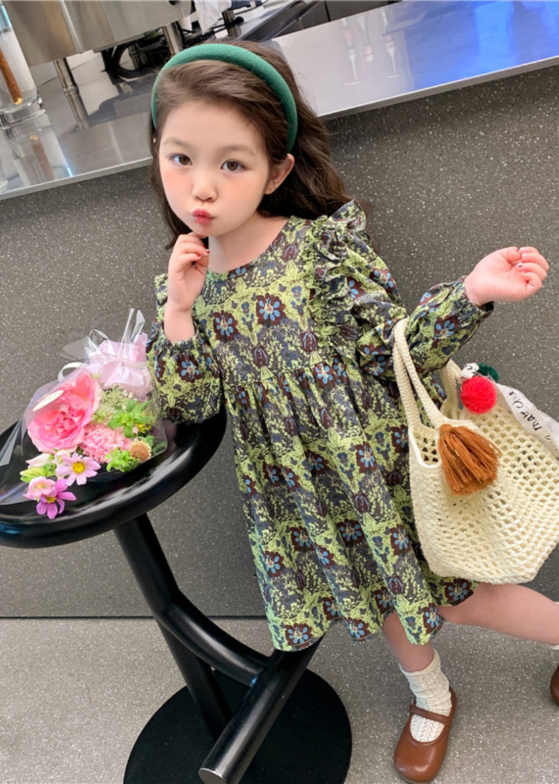 Classy Green Ruffled Patchwork Maxi Dress Long Sleeve Ss1054