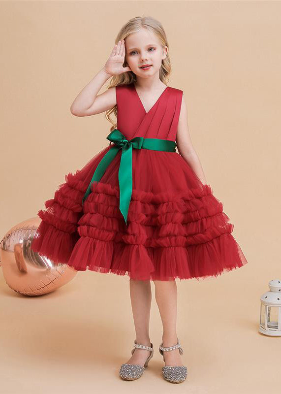Classy Green V Neck Tie Waist Tulle Long Dresses Summer Rp036
