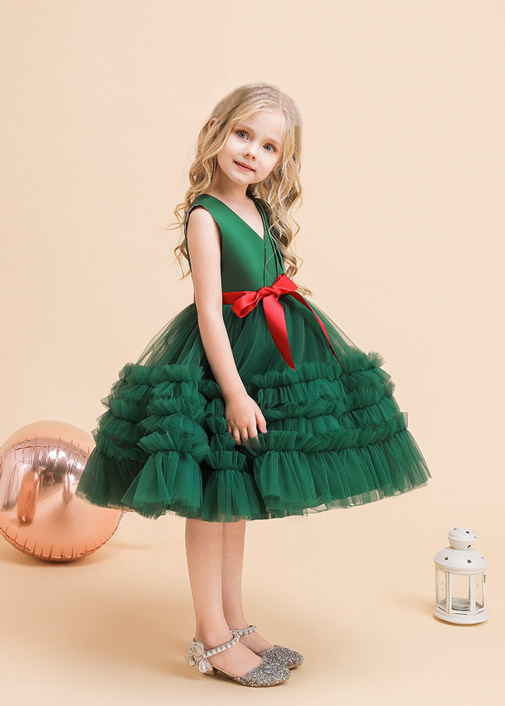 Classy Green V Neck Tie Waist Tulle Long Dresses Summer Rp036