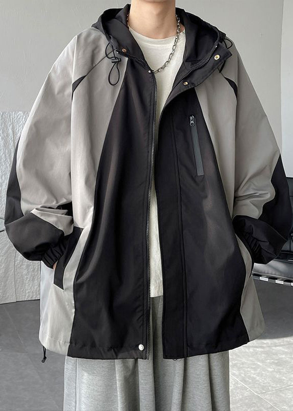 Cotton Hooded Patchwork Classy Coats Grey Drawstring Spring