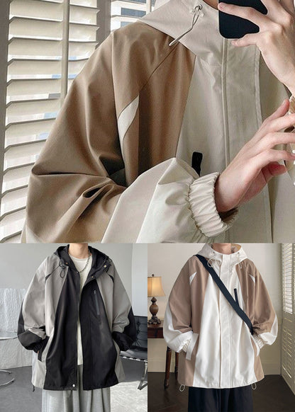 Cotton Hooded Patchwork Classy Coats Grey Drawstring Spring