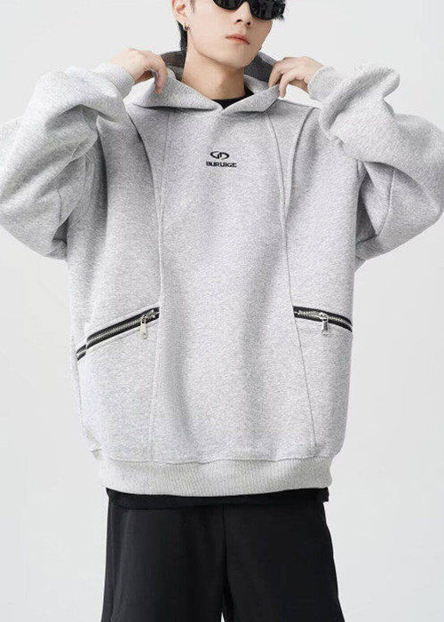 Classy Grey Hooded Zippered Warm Fleece Sweatshirt Spring Yq029