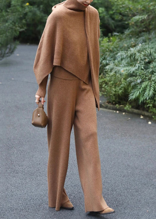 Classy Khaki Sweaters and Pants Knit Two Pieces Set Fall Wn035