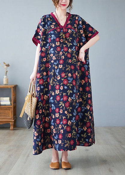Classy Mulberry V Neck Print Cotton Long Dresses Summer Ly0889