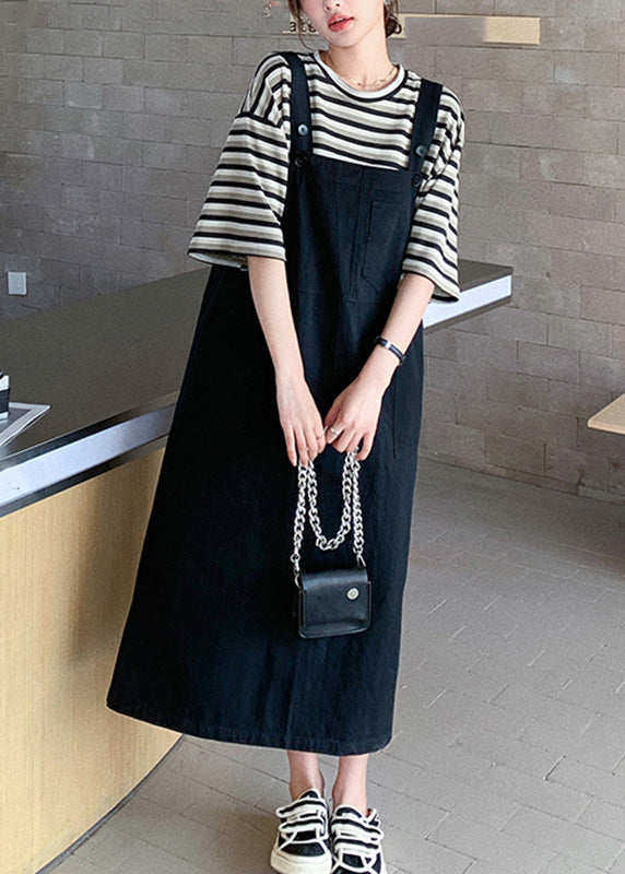 Classy O-neck Striped Patchwork T Shirt and Long Dress Two Piece Set Summer Tq1014