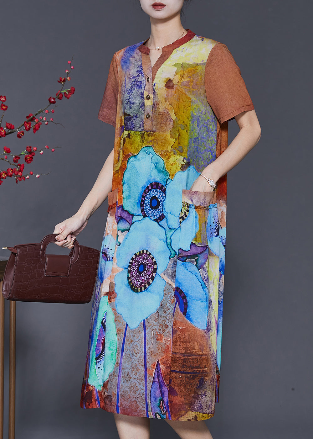 Classy Orange V Neck Print Chiffon Maxi Dresses Summer Sd1075