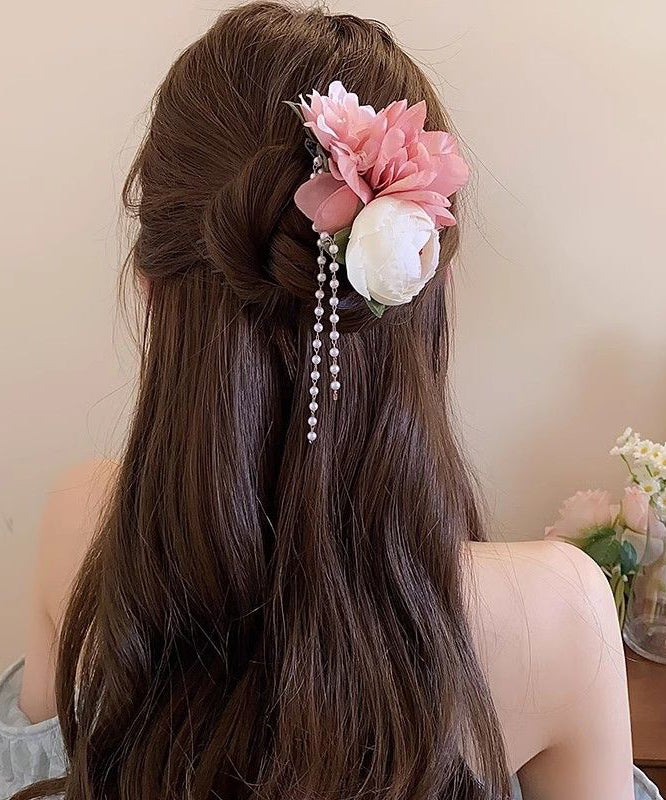 Classy Pink Acrylic Cloth Pearl Tassel Hairpin