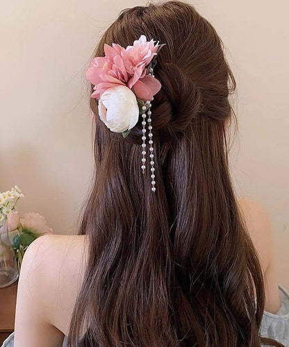 Classy Pink Acrylic Cloth Pearl Tassel Hairpin