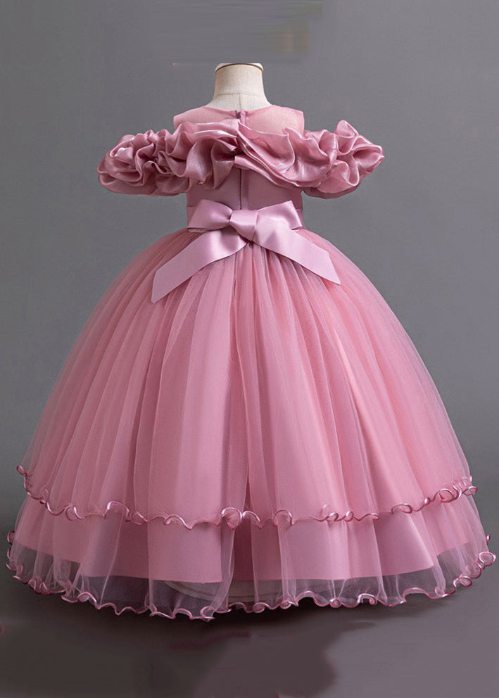 Classy Pink Embroideried Bow Tunic Tulle Long Dress Short Sleeve Yg018