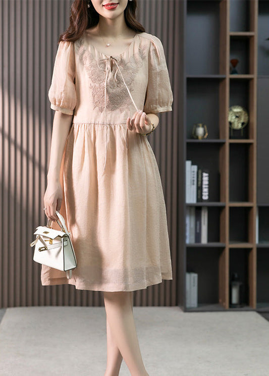 Classy Pink O-neck Embroideried Linen Maxi Dresses Summer Ly1753