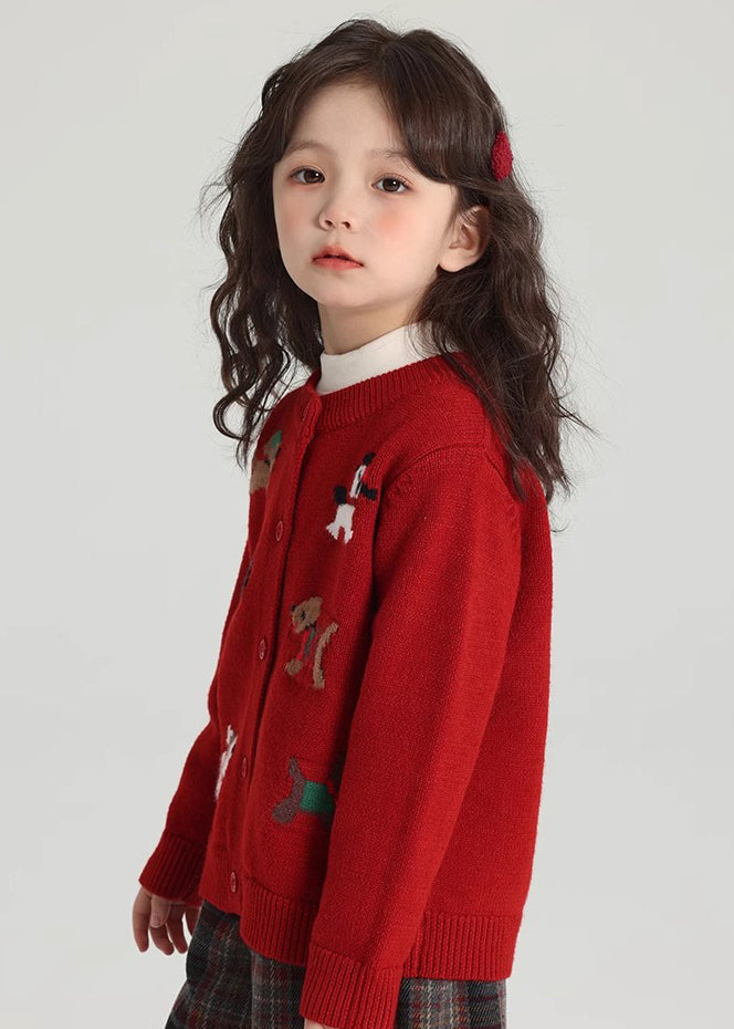 Classy Red Animal Print Cotton Knit Kids Cardigan Spring Tp045