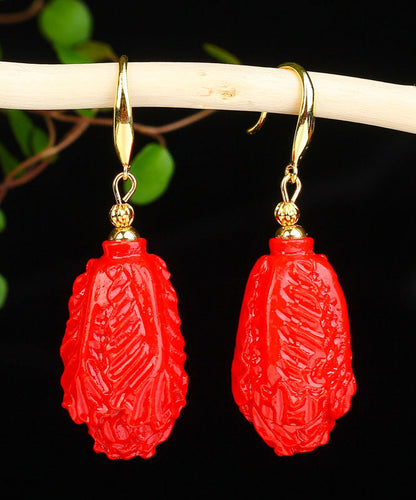 Classy Red Sterling Silver Overgild Cinnabar Chinese Cabbage Drop Earrings